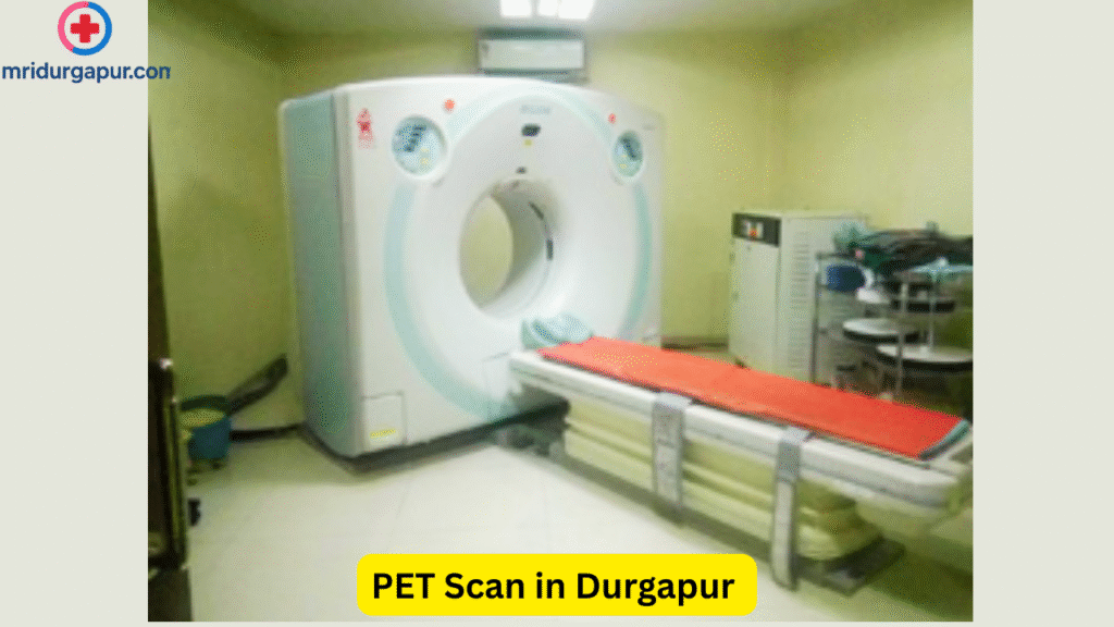Modern PET Scan machine setup in a diagnostic center in Durgapur, showing the scanning equipment and patient bed, with the caption "PET Scan in Durgapur" and branding from mridurgapur.com.